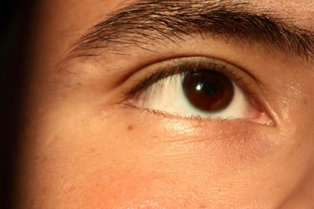 a close up of a person's brown eye
